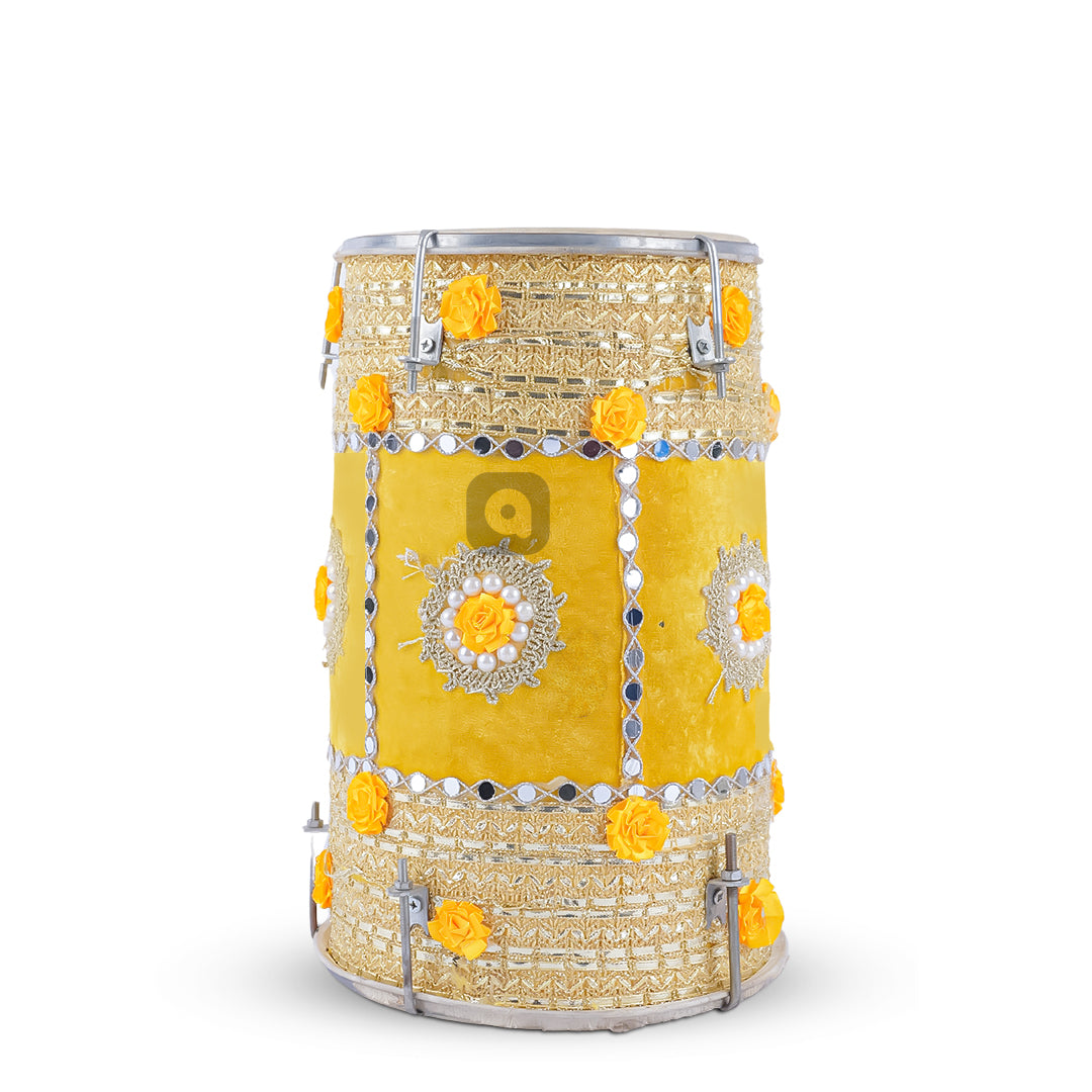 Yellow Velvet Dhol – Musical Instrument for Mehndi, Mayoun & Wedding Events in UAE