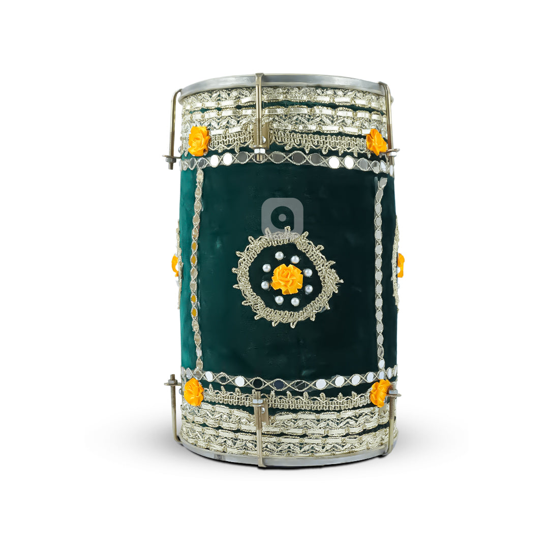 Green Velvet Dhol – Musical Instrument for Mehndi, Mayoun & Wedding Events in UAE