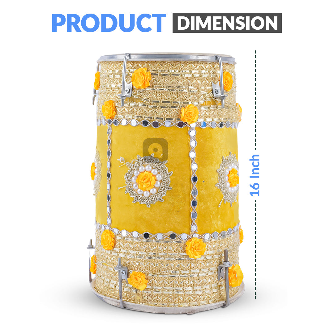 Yellow Velvet Dhol – Musical Instrument for Mehndi, Mayoun & Wedding Events in UAE