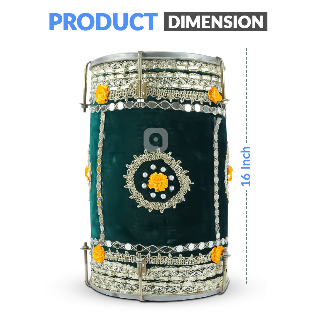 Green Velvet Dhol – Musical Instrument for Mehndi, Mayoun & Wedding Events in UAE