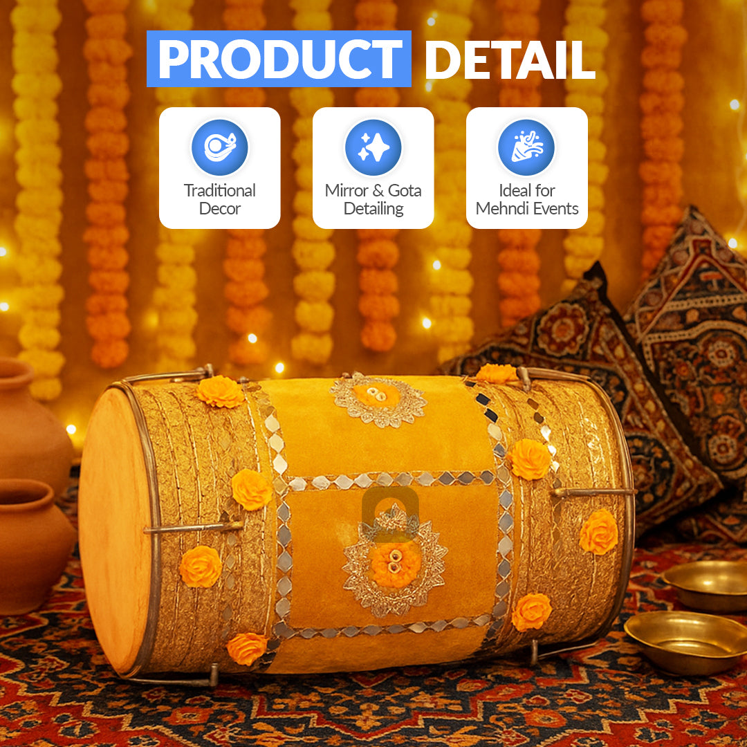 Yellow Velvet Dhol – Musical Instrument for Mehndi, Mayoun & Wedding Events in UAE