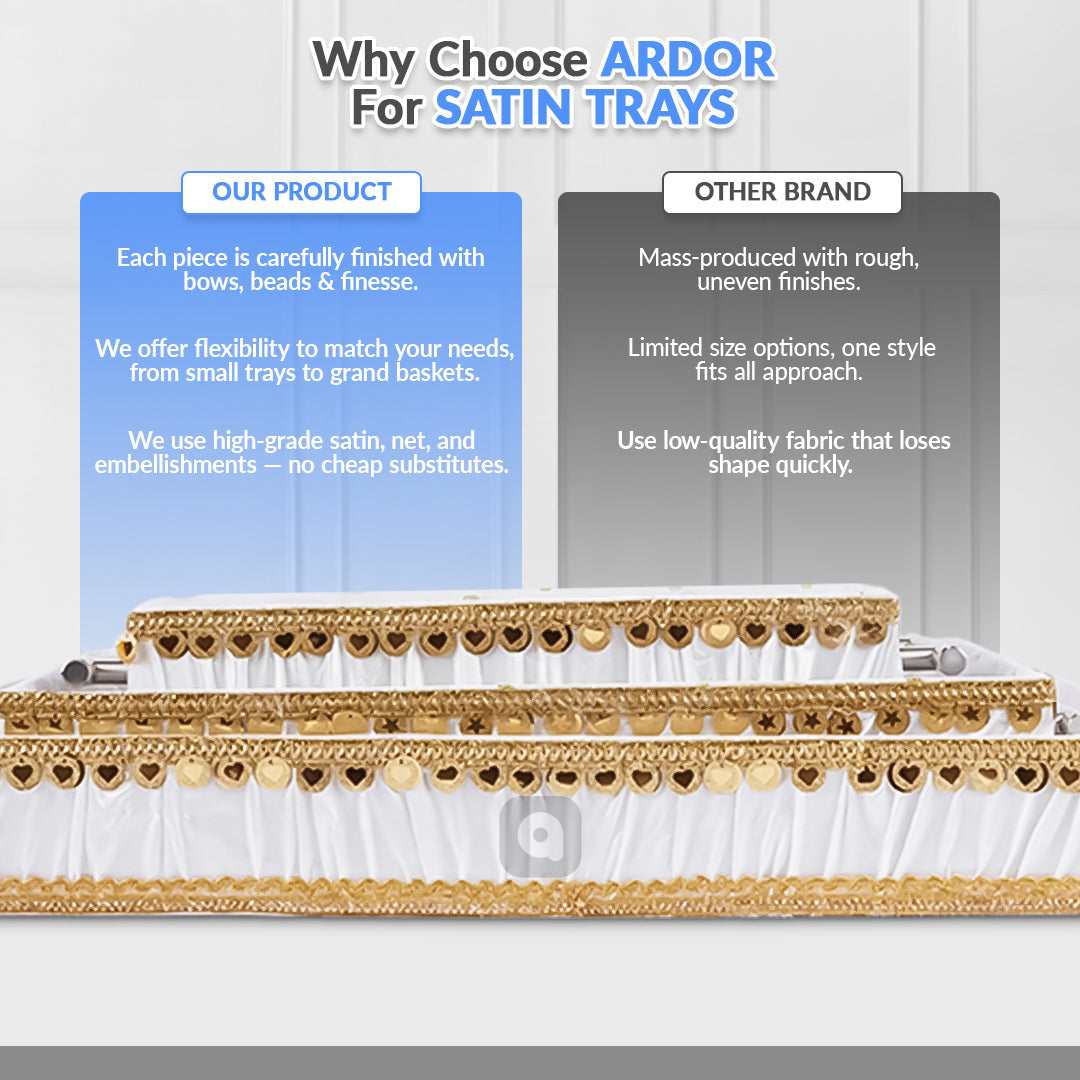 Set of 3 - White Fabric Satin Trays Set – Decorative Display & Wedding Trays