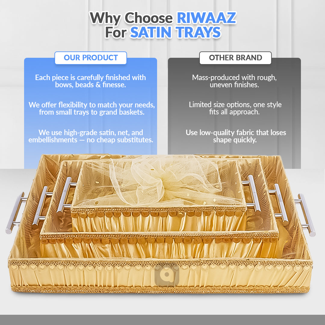Set of 3 - Golden Fabric Satin Trays Set – Decorative Display & Wedding Trays