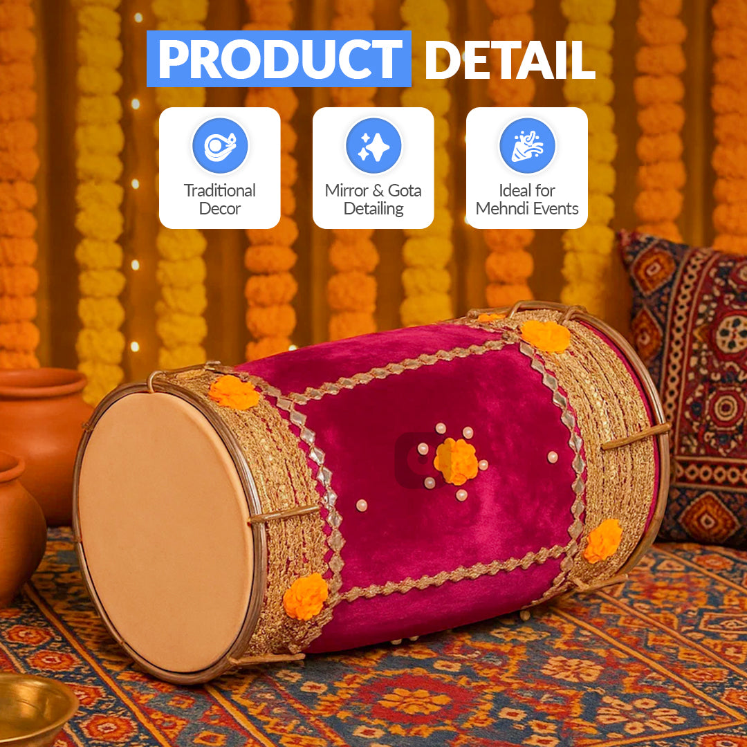 Hot Pink Velvet Dhol – Musical Instrument for Mehndi, Mayoun & Wedding Events in UAE