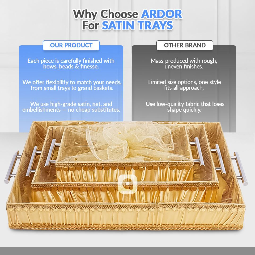 Set of 3 - Golden Fabric Satin Trays Set – Decorative Display & Wedding Trays