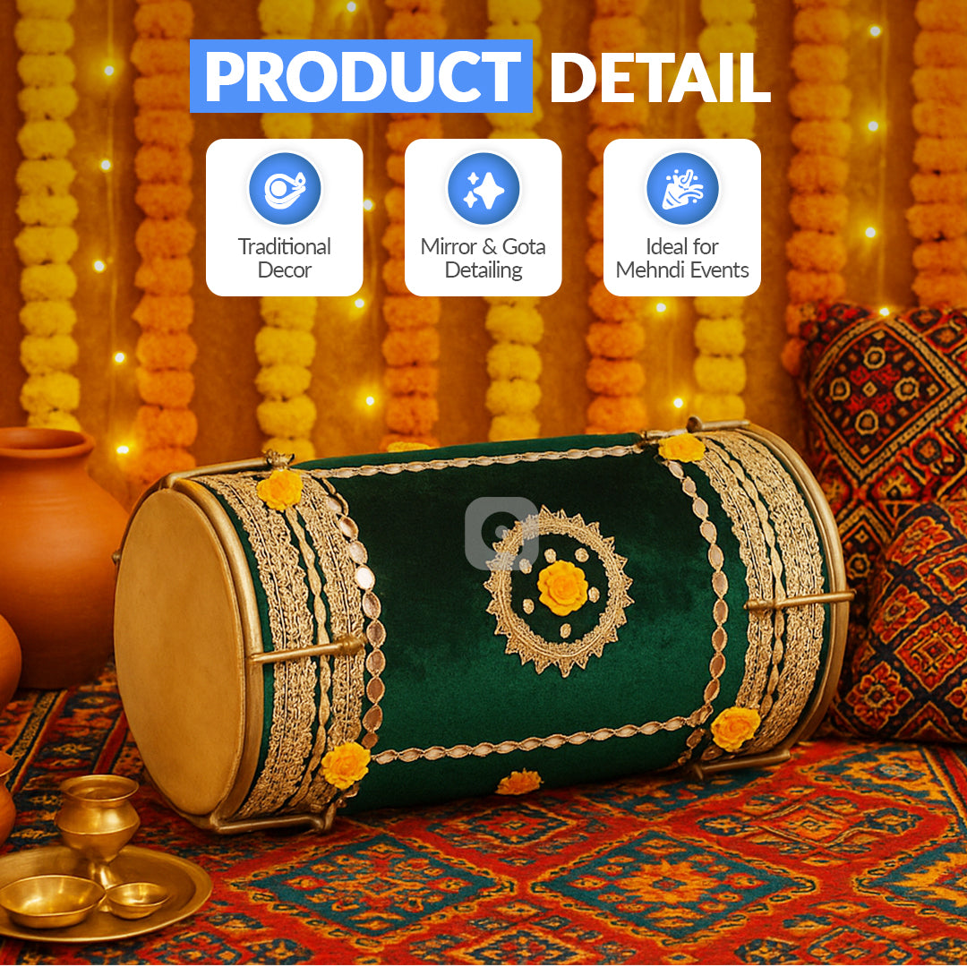 Green Velvet Dhol – Musical Instrument for Mehndi, Mayoun & Wedding Events in UAE