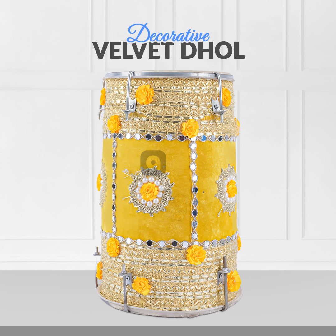 Yellow Velvet Dhol – Musical Instrument for Mehndi, Mayoun & Wedding Events in UAE