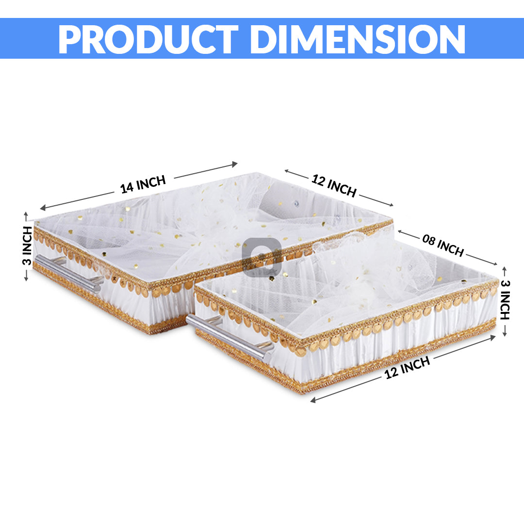 Set of 3 - White Fabric Satin Trays Set – Decorative Display & Wedding Trays