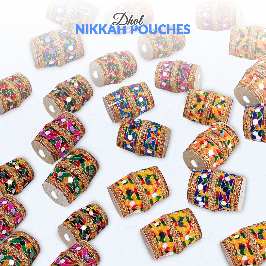 Pack of 25 - Dhol Design Nikkah Pouches – Assorted Colors Gift Bags – Ardor UAE