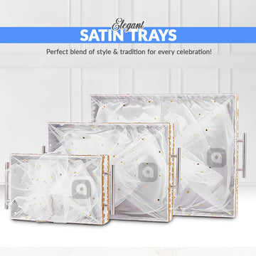 Set of 3 - White Fabric Satin Trays Set – Decorative Display & Wedding Trays