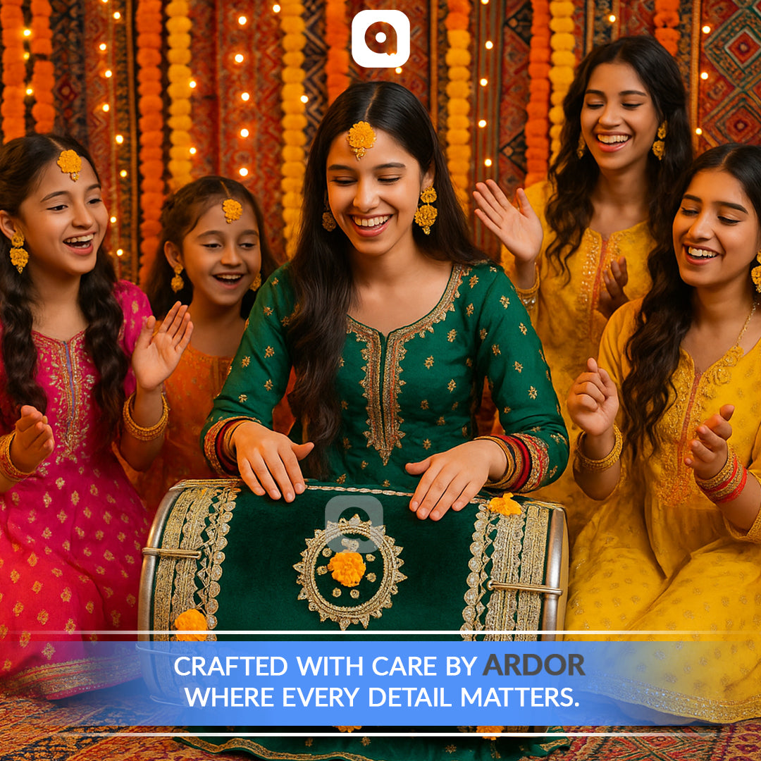 Green Velvet Dhol – Musical Instrument for Mehndi, Mayoun & Wedding Events in UAE