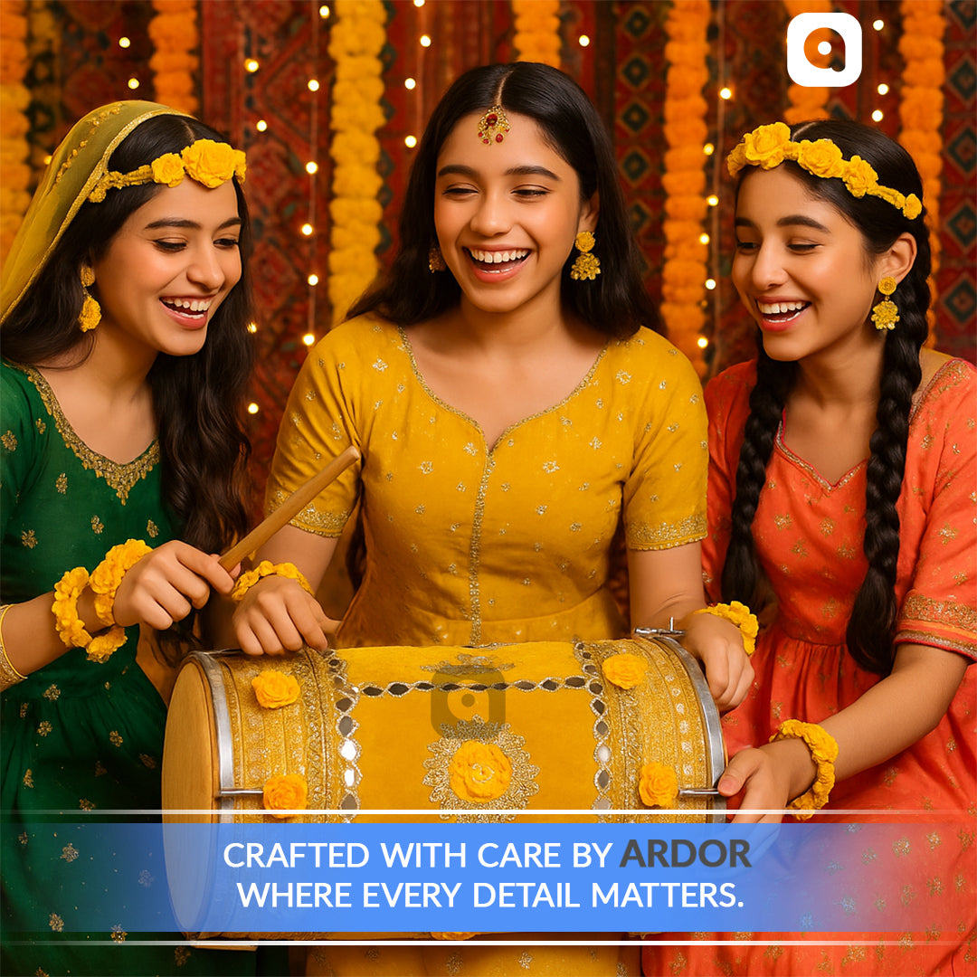 Yellow Velvet Dhol – Musical Instrument for Mehndi, Mayoun & Wedding Events in UAE
