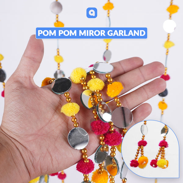 12 pcs - Artificial Fancy Multi Color Pom Pom Mirror Garland Perfect For Wedding Decor Maiyun Mehndi Nikkah Dholki Decor South Asian Wedding Decor