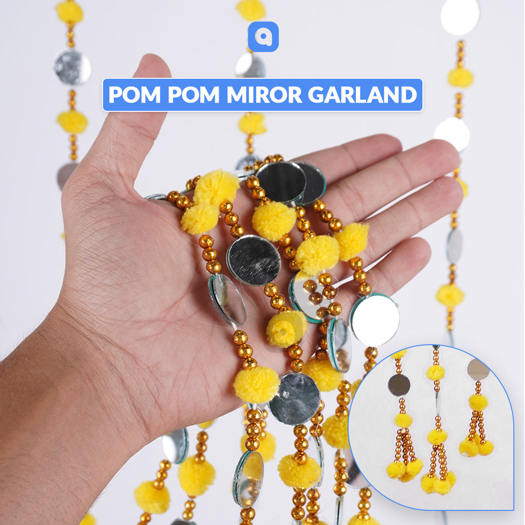 12 pcs - Artificial Fancy Multi Color Pom Pom Mirror Garland Perfect For Wedding Decor Maiyun Mehndi Nikkah Dholki Decor South Asian Wedding Decor