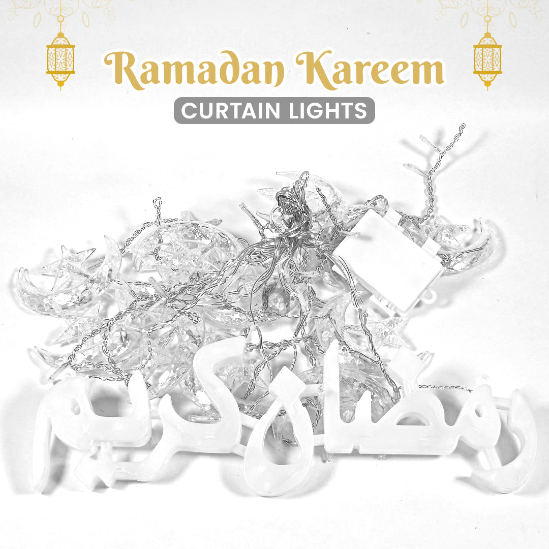 Ramzan Kareem LED Wall Light & Moon Lantern Curtain Lights – Islamic Home Décor Set