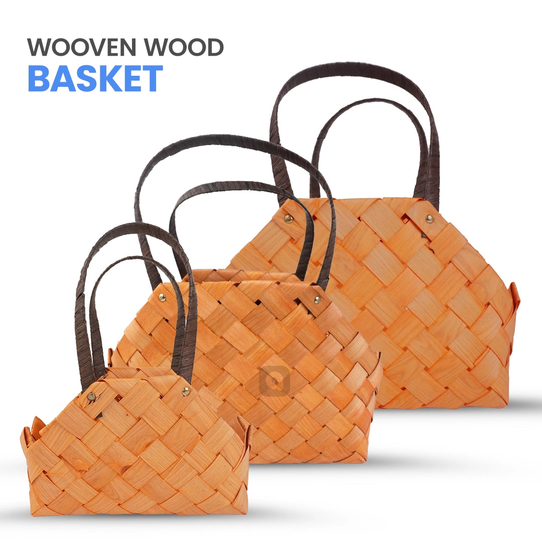 Set of 3 - Natural Woven Wood Basket