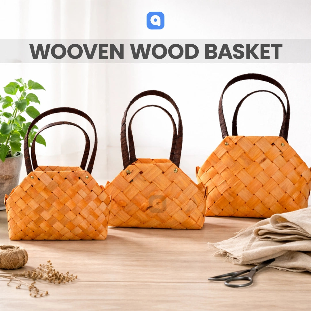 Set of 3 - Natural Woven Wood Basket