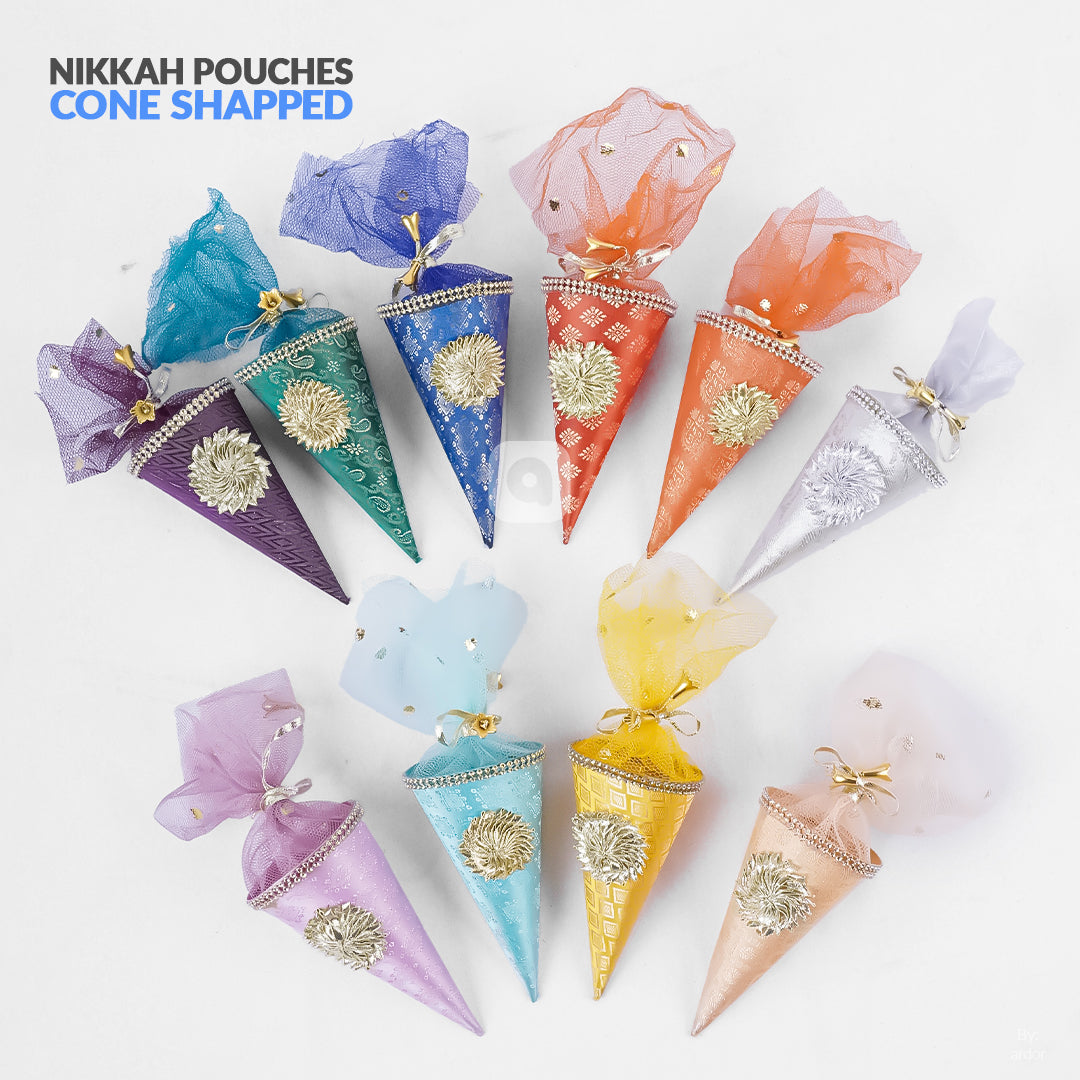 Cone Shape Nikkah Pouches – Multi Colors | 5-Inch Fabric Gift Bags for Nikkah, Mehndi & Wedding Favors Shadi, Nikkah Mubarak