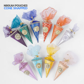 Cone Shape Nikkah Pouches – Multi Colors | 5-Inch Fabric Gift Bags for Nikkah, Mehndi & Wedding Favors Shadi, Nikkah Mubarak