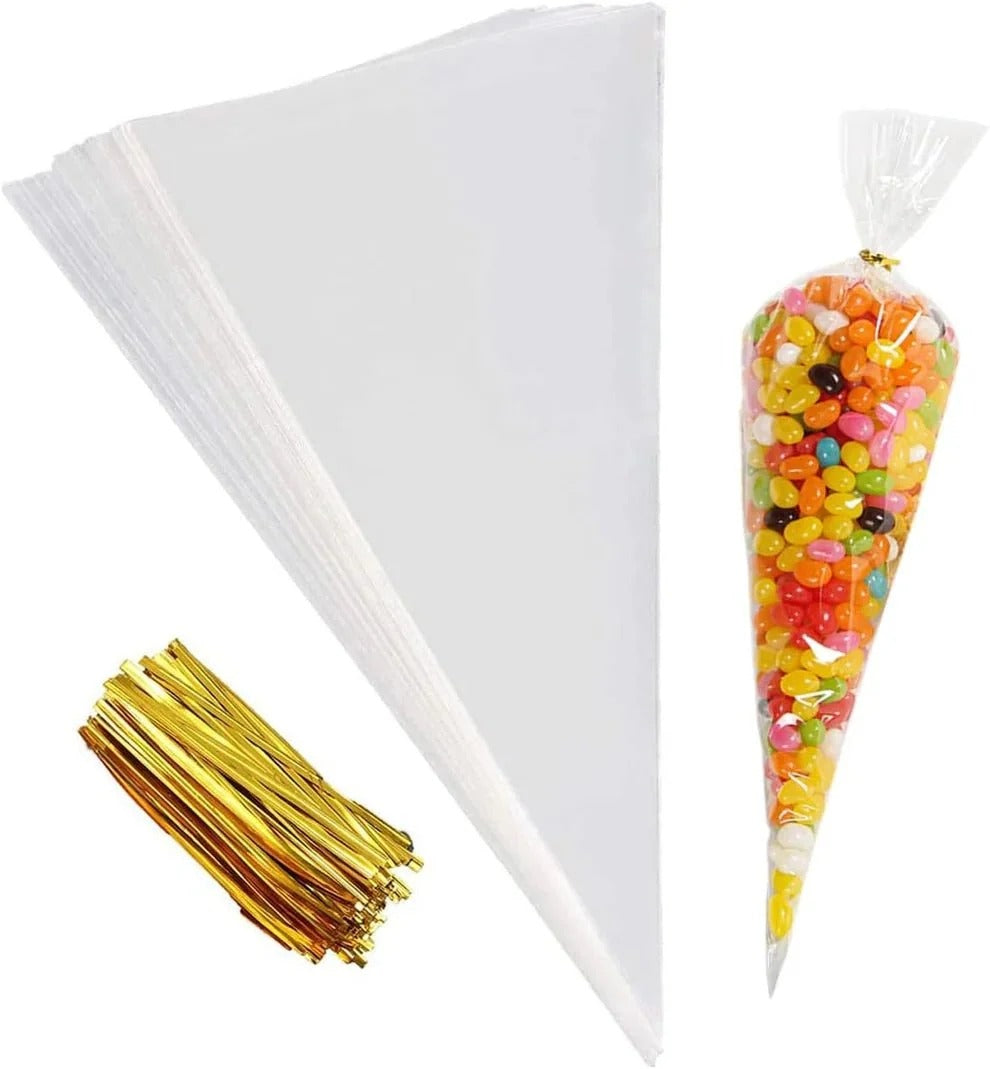 Transparent Cone-Shaped Pouches with Golden Tie